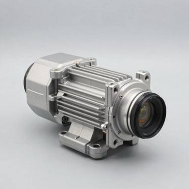 Technical studio shot of an electric fuel pump assembly, metallic finish, sharp focus, gray background