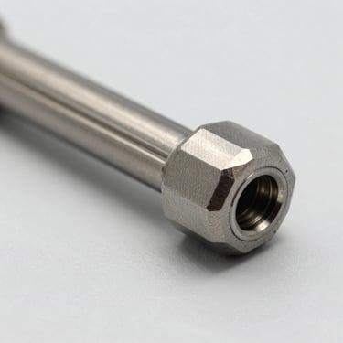 Crisp macro shot of an automotive steering tie rod end, bright studio lighting, light gray background