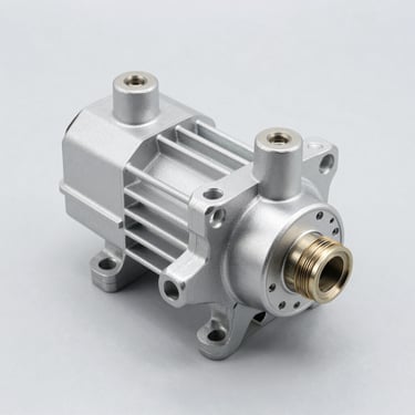 Crisp product shot of an electric fuel pump module, bright studio lighting, light gray background