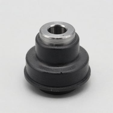 Macro product shot of a suspension control arm bushing, clean light gray studio background, sharp focus on rubber molding.