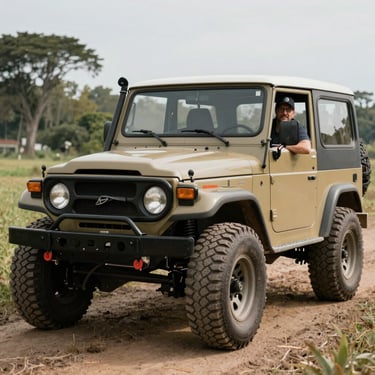 Portrait of a happy middle-aged man standing next to his Jeep after service.