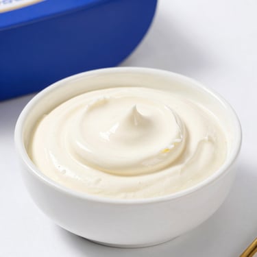 Thick creamy set curd in a premium white tub, clean studio lighting, sharp focus