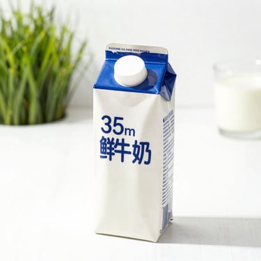 Hygienically sealed carton of fresh farm milk on a clean white surface with fresh grass green accents