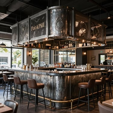 Modern bar and dining area of Pat & Phil in Doral, highlighting industrial-chic design and custom metal fabrication.