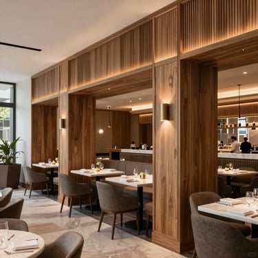 Interior of Soya Miami restaurant, showing high-end custom millwork, architectural lighting, and pristine dining area.