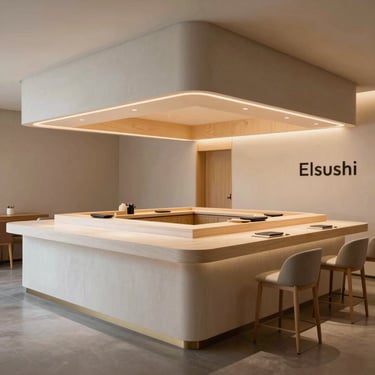 Sleek minimalist interior of Elsushi in Doral, showcasing clean lines, custom lighting, and premium sushi bar counter.