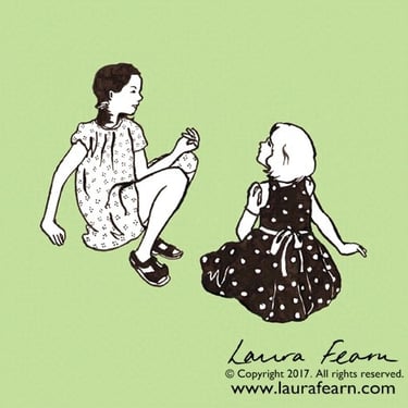 Ink drawing of 2 girls chatting by Laura Fearn.