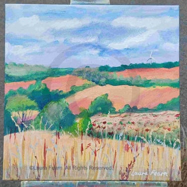 A landscape painting of hills and fields in Derbyshire by Laura Fearn.