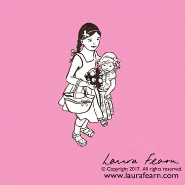 Ink drawing of 2 flower girls by Laura Fearn.