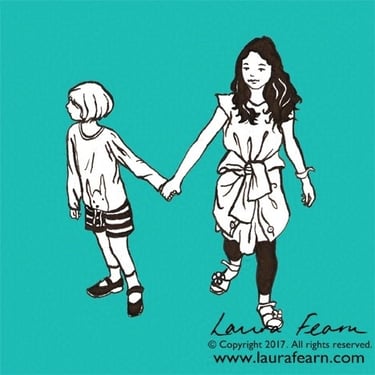 Ink drawing of 2 girls holding hands by Laura Fearn.