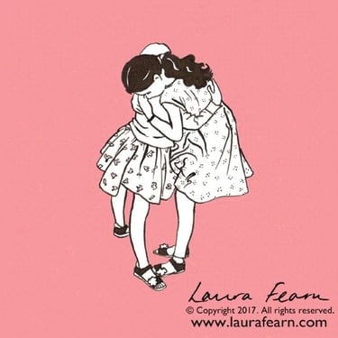 Ink drawing of 2 girls hugging by Laura Fearn.