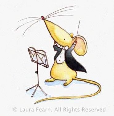 "Micestro" Greetings card and notebook design in watercolour, pen and ink by Laura Fearn.
