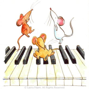 "Off Key" Greetings card and notebook design in watercolour, pen and ink by Laura Fearn.