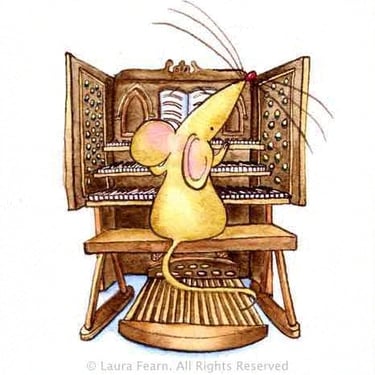 "Mouse Organ" A mouse playing an organ, watercolour pen and ink by Laura Fearn.