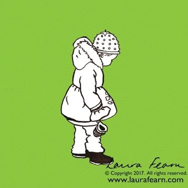 Ink drawing of a toddler in a hat and coat by Laura Fearn