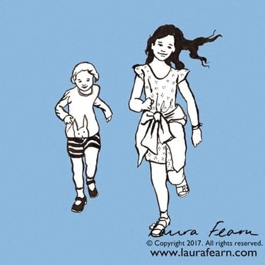Ink drawing of 2 girls running by Laura Fearn