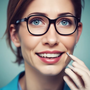 A smiling cleaner polishing a large office window with a squeegee on a sunny day.