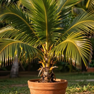 A healthy young coconut palm in a terracotta pot, vibrant green fronds catching warm afternoon sunlight.