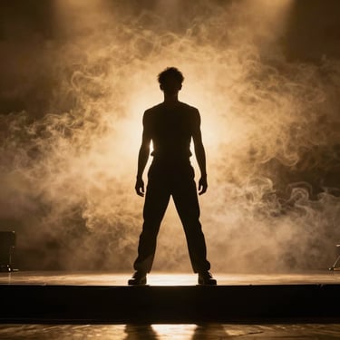 Stage photography from below: a single performer silhouetted against a warm golden backlight, deep shadow in the foreground, smoke curling at the edges — theatrical, no face visible