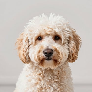 Close-up of an overgrown, slightly matted golden doodle before grooming, soft neutral background, editorial style