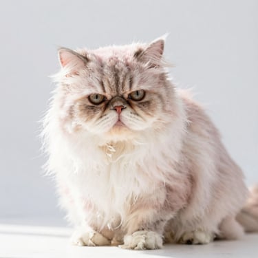 A long-haired Persian cat with dull, shedding fur before grooming, soft natural light