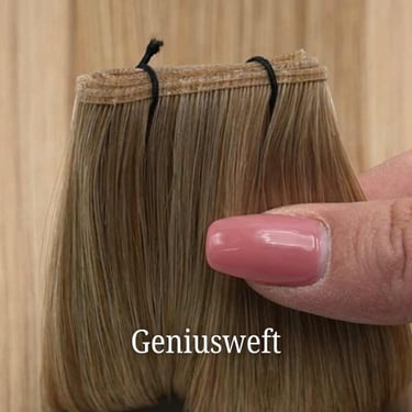 Hand holding a light brown Genius Weft hair extension bundle showing the thin, seamless top seam.