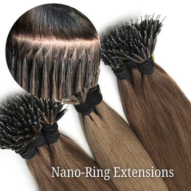 Bundles of brown nano ring hair extensions shown with a close-up of the bead application.
