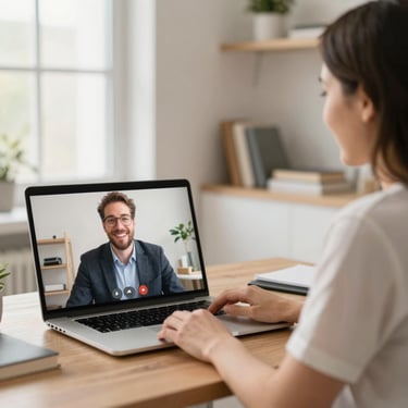 A teacher conducting an online lesson from a home office, clear video call on screen, professional but warm setup, natural light.