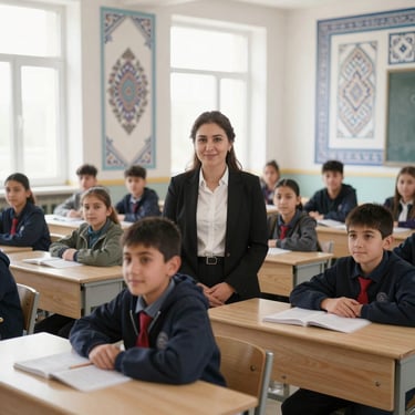 A teacher and students in a modern classroom in Tashkent, Uzbekistan, with traditional patterns on the walls, bright daylight.