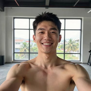First-person perspective selfie of a smiling athletic man in a modern loft, natural window lighting, casual smartphone aesthetic.