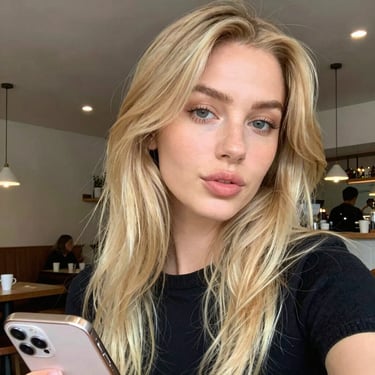 Slightly angled smartphone selfie of a blonde woman in a cozy cafe, soft daylight, realistic casual portrait.