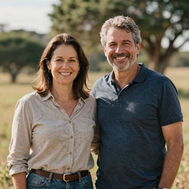 A warm, smiling pastoral couple in their 40s, dressed in casual contemporary clothes, standing outdoors in Abadiânia with soft trees in the background, natural daylight.