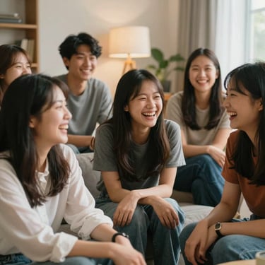 A group of young, energetic cell leaders laughing together in a cozy living room, natural warm indoor lighting, candid and joyful.