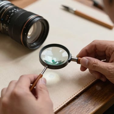 Close-up of a conservator using a high-precision linen tester magnifying glass over a hand-sewn leather binding