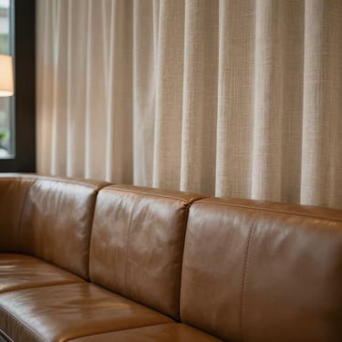 Close-up of a luxury hotel lobby featuring custom leather banquettes and fine linen drapery, warm sophisticated atmosphere.
