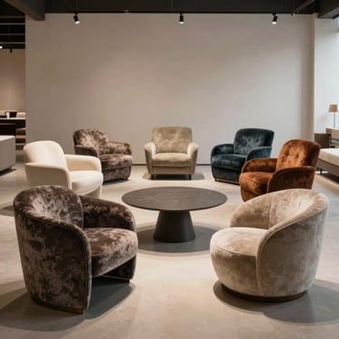 An elegant design showroom with custom mohair and velvet lounge chairs arranged symmetrically under soft lighting.