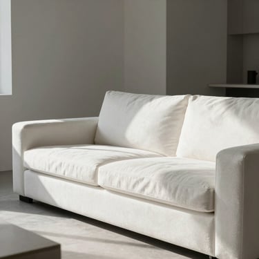 A minimalist modern living room featuring a pristine white bouclé sofa, soft natural light, architectural digest style.