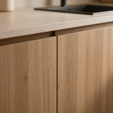 Close-up of modular kitchen cabinetry, clean line detail, warm wood or stone-finish cabinet face, minimalist handle or edge detail, soft warm light