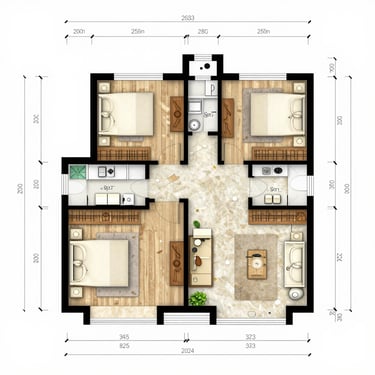 Architectural floor plan diagram, 2-bedroom layout with dual suites and shared living area, clean line work on white background, room proportions and flow clearly visible