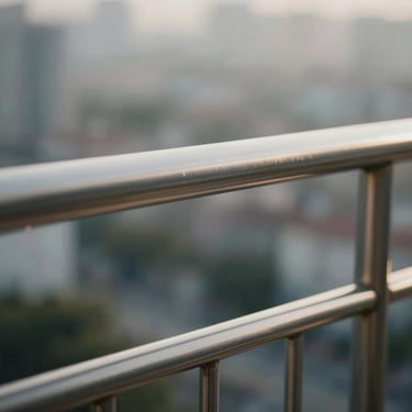 Close-up of balcony railing detail, horizontal lines in brushed metal, warm light catching on rail surface, city or landscape blur beyond, depth of focus on railing