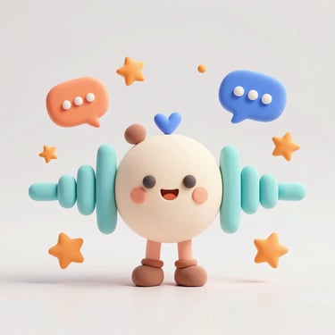 Playful 3D claymation sound waves and floating orange stars, colorful speech bubbles, clean light background