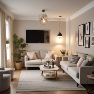 A happy customer typing a review on a laptop in a cozy home setting.