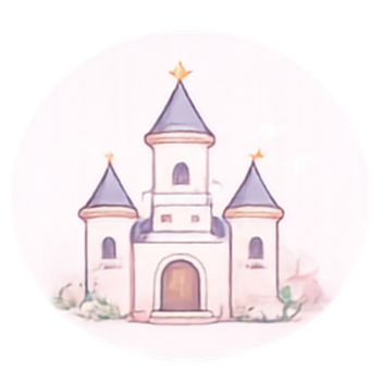Whimsical hand-drawn fairytale castle illustration with blue turrets in a circular frame.