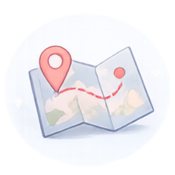 Illustrated travel map icon with a red location pin and dotted route line.
