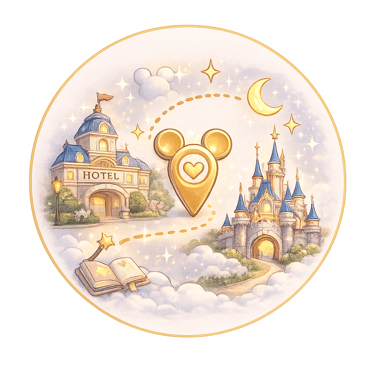 Whimsical illustration of a Disney hotel and fairy tale castle with a gold Mickey Mouse location pin.