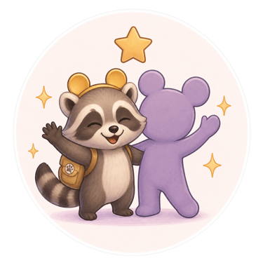 Cute raccoon wearing a backpack and bear ears hugging a purple teddy bear friend with golden stars.