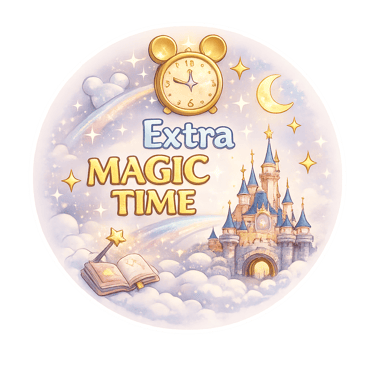 Whimsical Extra Magic Time graphic featuring a golden castle, clock, and stars in a dreamlike cloud setting.