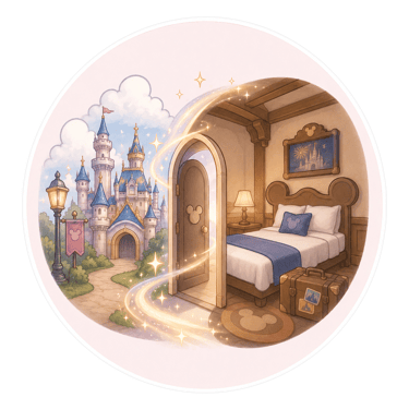 Magical portal connecting a cozy Disney-themed bedroom to a fairytale castle with pixie dust.