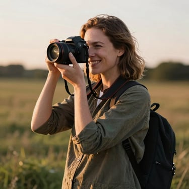 A candid portrait of a smiling traveler framed by golden hour light on a mountain trail.