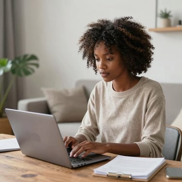 1 Black women collaborating on a project while using a laptop computer at home.